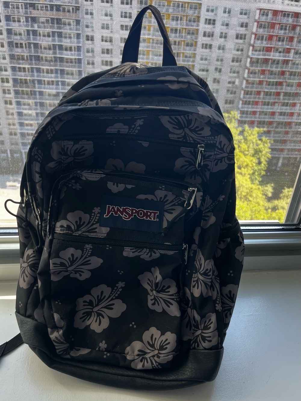 Jansport Black Backpack with Gray Floral Print